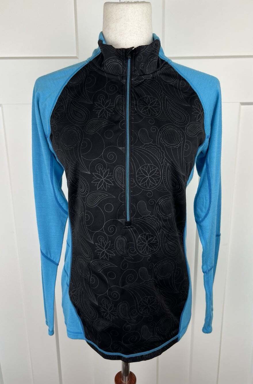 Smartwool Women L Merino Wool 1/2 Zip Base Layer Top Turquoise Black Paisley